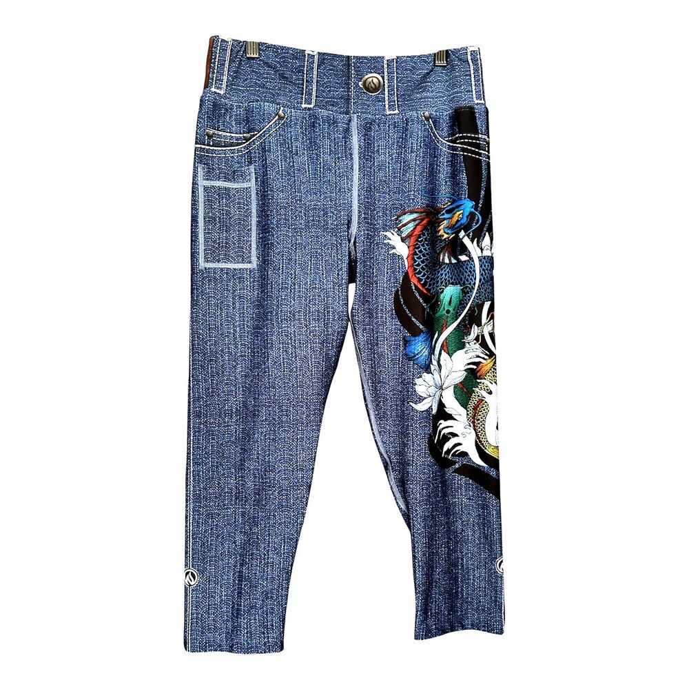 Y2K InkNburn Denim Capri Leggings Dragon Floral Graphic 14 Stretch Blue Asiacore